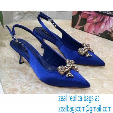 Dolce & Gabbana Heel 6.5cm Satin Slingbacks Blue with Crystal Bow 2021 - Click Image to Close